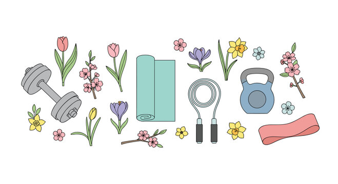 Vibrant spring flowers including pink tulips and purple crocuses are interspersed with a teal yoga mat and grey fitness equipment on a clean white surface.