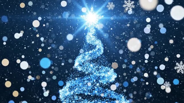 Abstract Christmas tree made of glowing blue particles and light trails, topped with a bright star on a dark blue background with snowflakes and shimmering bokeh light effects.