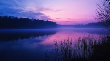 Fototapeta premium Serene Twilight Reflection Over Calm Lake Surrounded by Misty Forest and Silhouetted Grass in Tranquil Landscape at Dusk