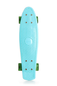 Blue skateboard on white background, top view