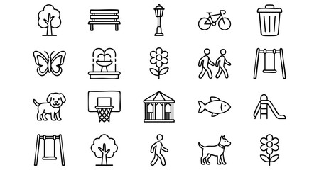 Outdoor park outline icons featuring playground, nature, family, and activity symbols © Silhouette Master