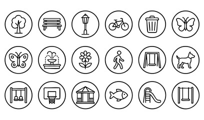 Outdoor park outline icons featuring playground, nature, family, and activity symbols © Silhouette Master