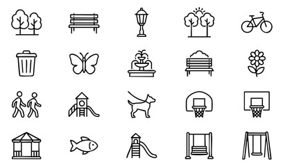 Outdoor park outline icons featuring playground, nature, family, and activity symbols © Silhouette Master