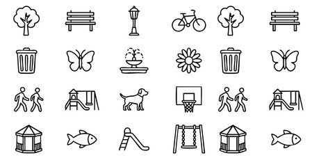 Outdoor park outline icons featuring playground, nature, family, and activity symbols © Silhouette Master