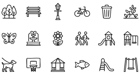 Outdoor park outline icons featuring playground, nature, family, and activity symbols © Silhouette Master