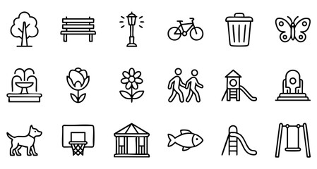 Outdoor park outline icons featuring playground, nature, family, and activity symbols © Silhouette Master