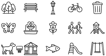 Outdoor park outline icons featuring playground, nature, family, and activity symbols © Silhouette Master