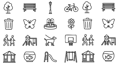 Outdoor park outline icons featuring playground, nature, family, and activity symbols © Silhouette Master