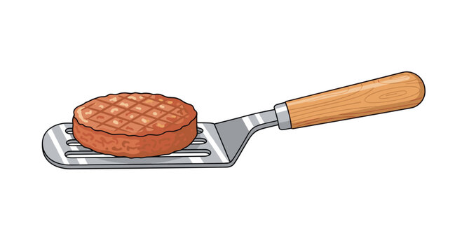 A perfectly seared brown beef burger patty sits atop a professional stainless steel slotted spatula with a smooth wooden handle against a white background.