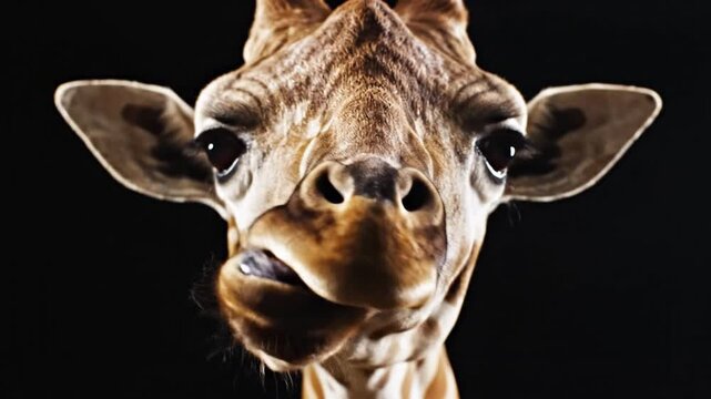 Close up of a giraffe head against black background