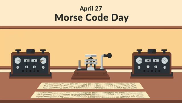April 27 Morse Code Day Telegraph Communication Equipment Vintage Signal Transmission System Radio Operator Desk Illustration Flat Design Modern Poster