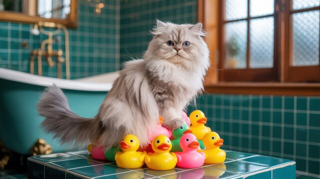 Fluffy Persian Cat Sits Atop a Pile of Rubber Ducks in a Bathroom.