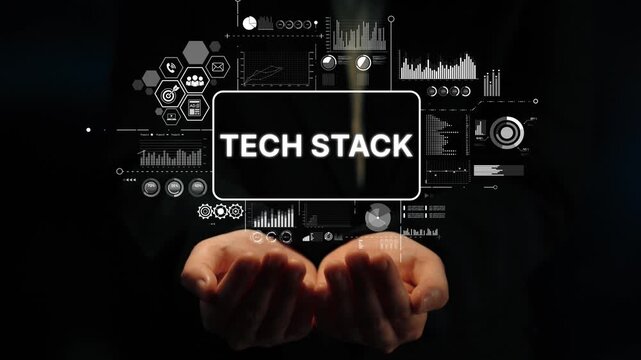 Hands Holding Concept of Tech Stack with Digital Interface Elements for Technology and Innovation Themes. Asymptotic smart data analytic.