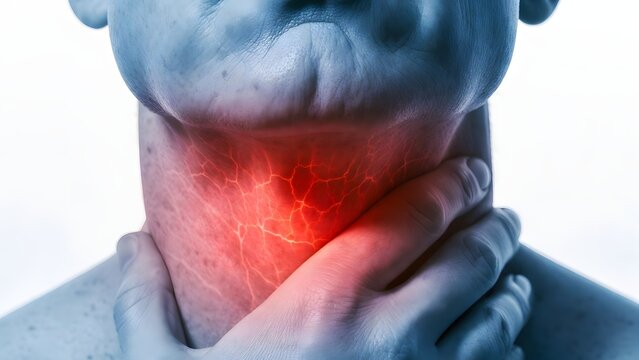 Close up of sore throat and laryngitis symptoms. Medical inflammation concept. Person holding painful neck with glowing red light and cracked texture