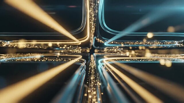 Cinematic abstract background of glowing gold and blue digital data racing through futuristic 3D fiber optic pathways and circuit connections