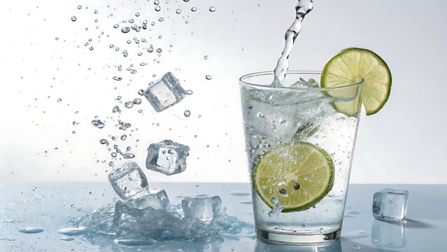 Refreshing Gin and Tonic Cocktail with Citrus Garnishes and Splashing Action