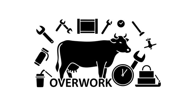 A cute cartoon illustration of a black and white cow and calf standing on a dairy farm, designed as a vector silhouette featuring cattle, a bull, and a goat in a nature-inspired agriculture art