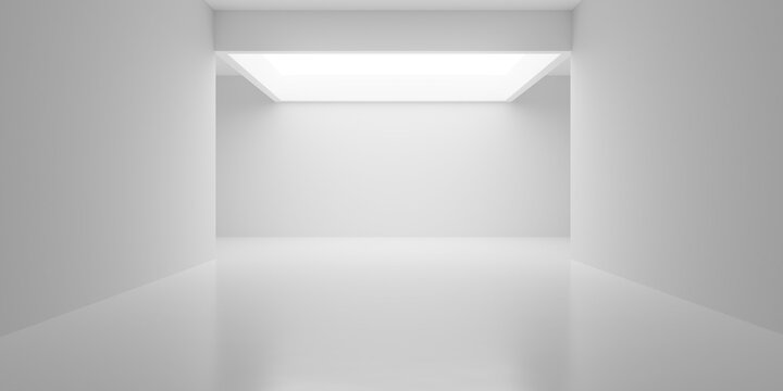 White room or hallway junction background with large square ceiling light, modern empty interior or product presentation template with copy space