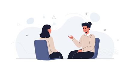 Obraz premium Two people sitting and talking in a minimalist office setting, illustration