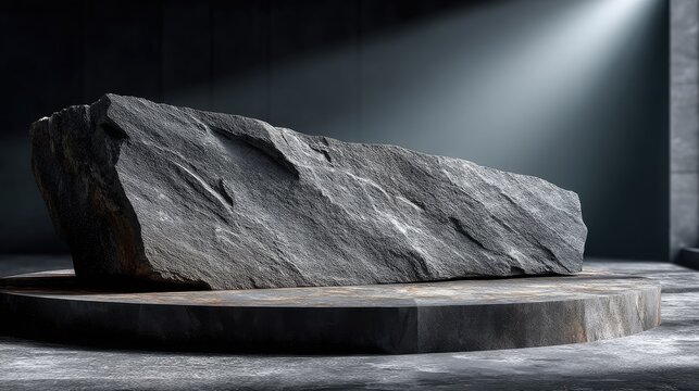 Stone rock podium, rough grey granite texture, natural mountain concept, product stand, hard light, strong durable vibe 