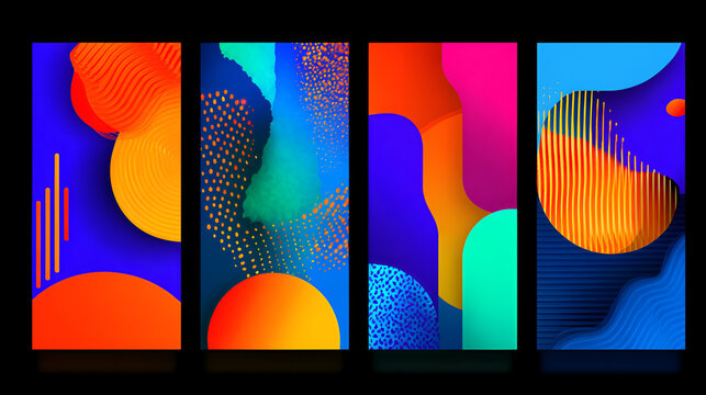 A vibrant collection of four abstract poster designs featuring bold colors and geometric shapes. Each poster showcases unique themes such as curves, lines, color blocks, and display elements 