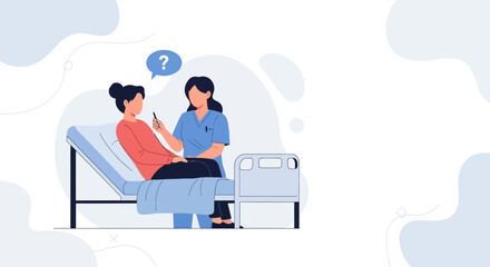 Fototapeta premium Nurse Consults Patient in Hospital Bed, Question Mark Bubble Above