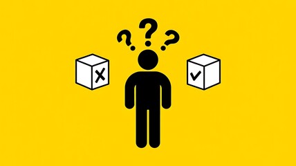 Fototapeta premium Title: Person with question marks choosing between options representing confusion and decision making concept