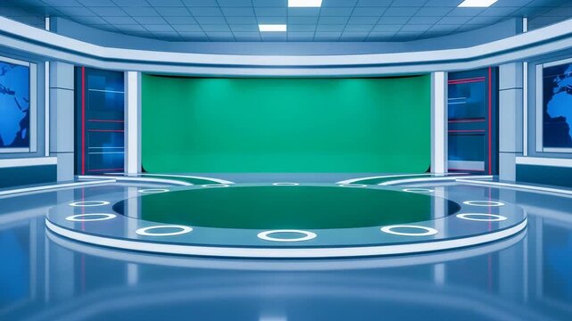 Empty green screen virtual news set with modern blue architectural design