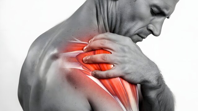 Shoulder blade and trapezius muscle anatomy highlighting. Occupational health and pain relief. Side view of man touching painful shoulder with red glowing muscular inflammation