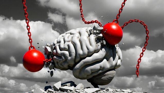 Chronic migraine and intense headache pressure. Mental health stress and brain trauma concept. Red wrecking balls striking a human brain model representing severe neurological pain