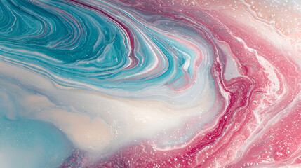 Fototapeta premium Abstract macro photo of colorful liquid textures with white, pink, and turquoise swirls. Soft marble-like patterns create a dreamy, fluid motion effect. Abstract macro cool