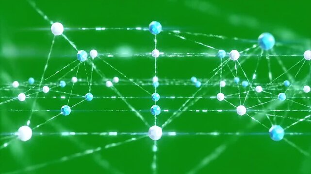 Futuristic blue and white digital plexus network expanding across the screen with glowing nodes and data connections on a green screen background