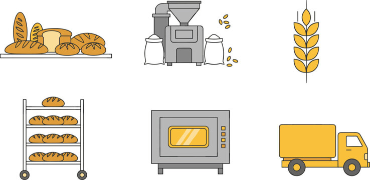 Cartoon bread production stages in colorful vector illustration of wheat, flour, baking, loaf, and delivery process design