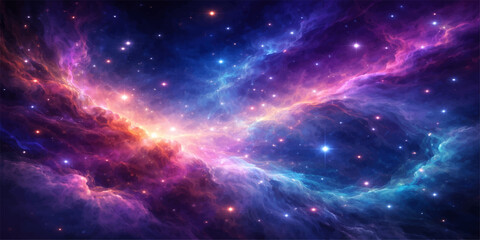 A deep blue abstract nebula glows with bright starlight across a dark cosmic galaxy of outer space fantasy © Md