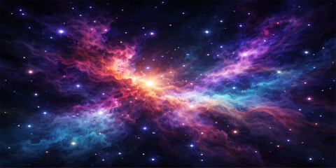 An abstract blue nebula galaxy background featuring bright stars and deep cosmic light across a dark outer space universe illustration © Md