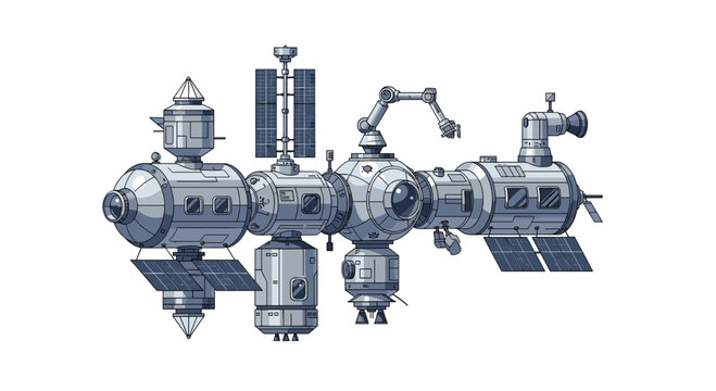A detailed lateral view of a sophisticated interstellar research station equipped with a mechanical robotic arm and modules under bright studio lighting.