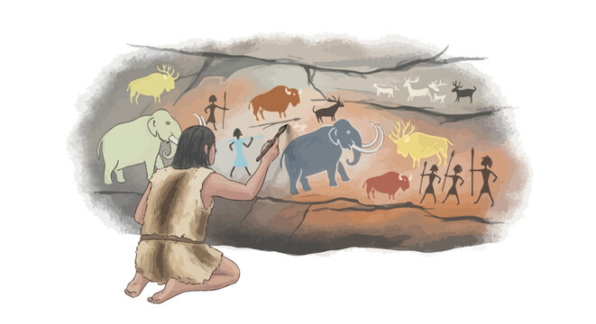 Cave man looking at ancient wall.