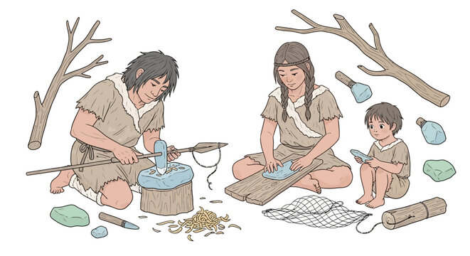 Family in ancient times making tools.