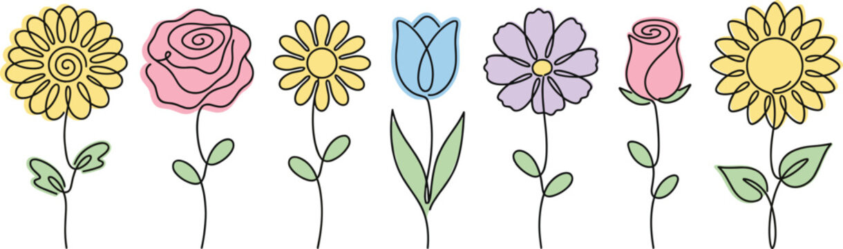 Continuous line drawing of a delightful set of flowers (chrysanthemum, rose, daisy, tulip, cosmos, rosebud, sunflower) in soft pastel colors on a white / transparent background. Vector