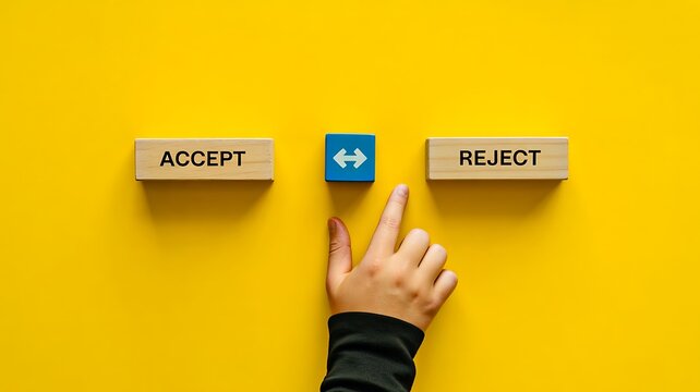 Title:
Hand choosing accept option over reject button on yellow background decision making concept