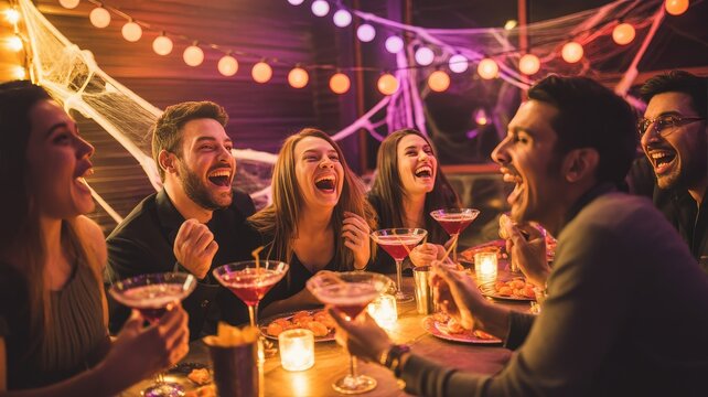 Friends laughing and enjoying drinks at a rooftop party with string lights.