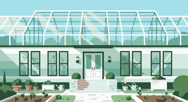 Greenhouse with glass roof and doors.