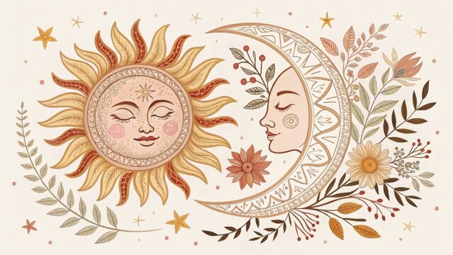 Sun and moon with flowers and leaves