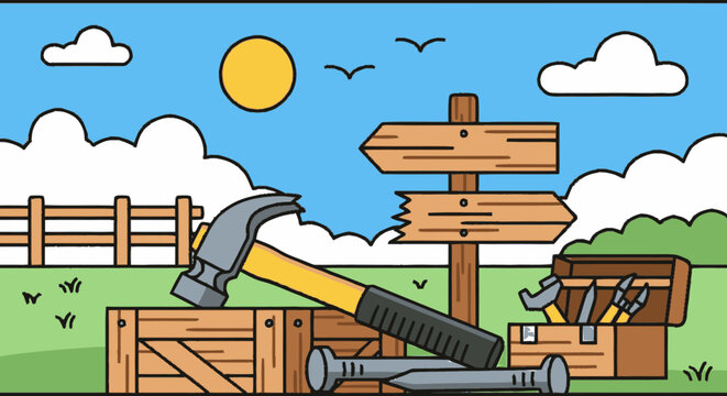 Hammer and tools on wooden crate.