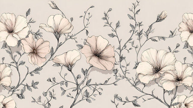 An elegant and delicate hand-drawn floral line art pattern showcasing intricate blooms and vines on a light background. Stock Illustration