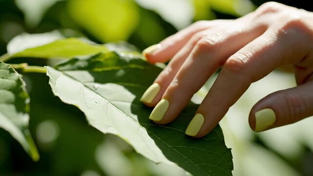 Close-up of a woman's hand with yellow manicured fingernails gently touching the surface of a large green leaf in bright outdoor sunlight with a soft out of focus background.