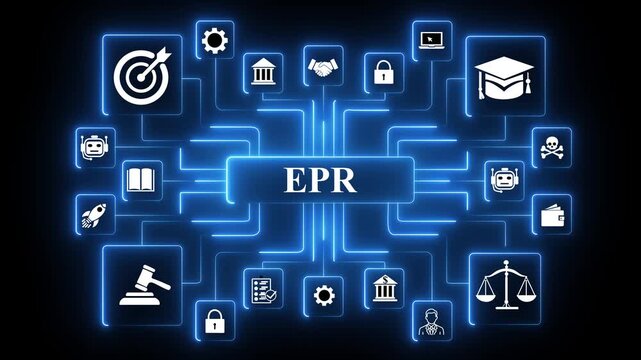 EPR system network animation with connected technology icons, glowing data nodes and enterprise digital workflow visualization on dark background,and 4k animation motion video...