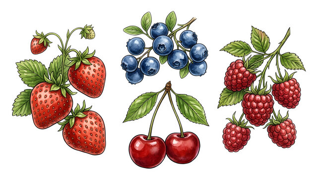 A colorful illustration of various fresh berries including strawberries blueberries raspberries and cherries against a black background