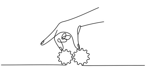 A continuous line drawing of a hand manipulating two interlocking gears on a flat surface area. © Nikhil Ray