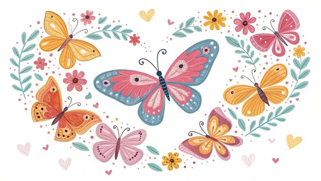 Colorful butterflies and flowers heart shape